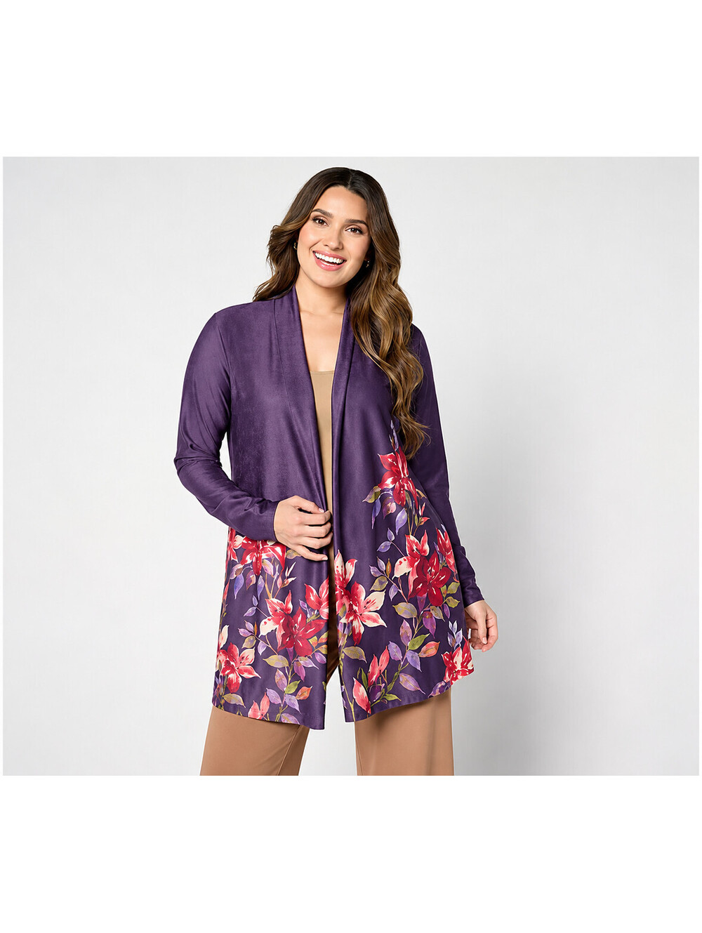 Susan Graver Printed Faux Suede Open Front Duster Plum/Rose, Petite X-Small